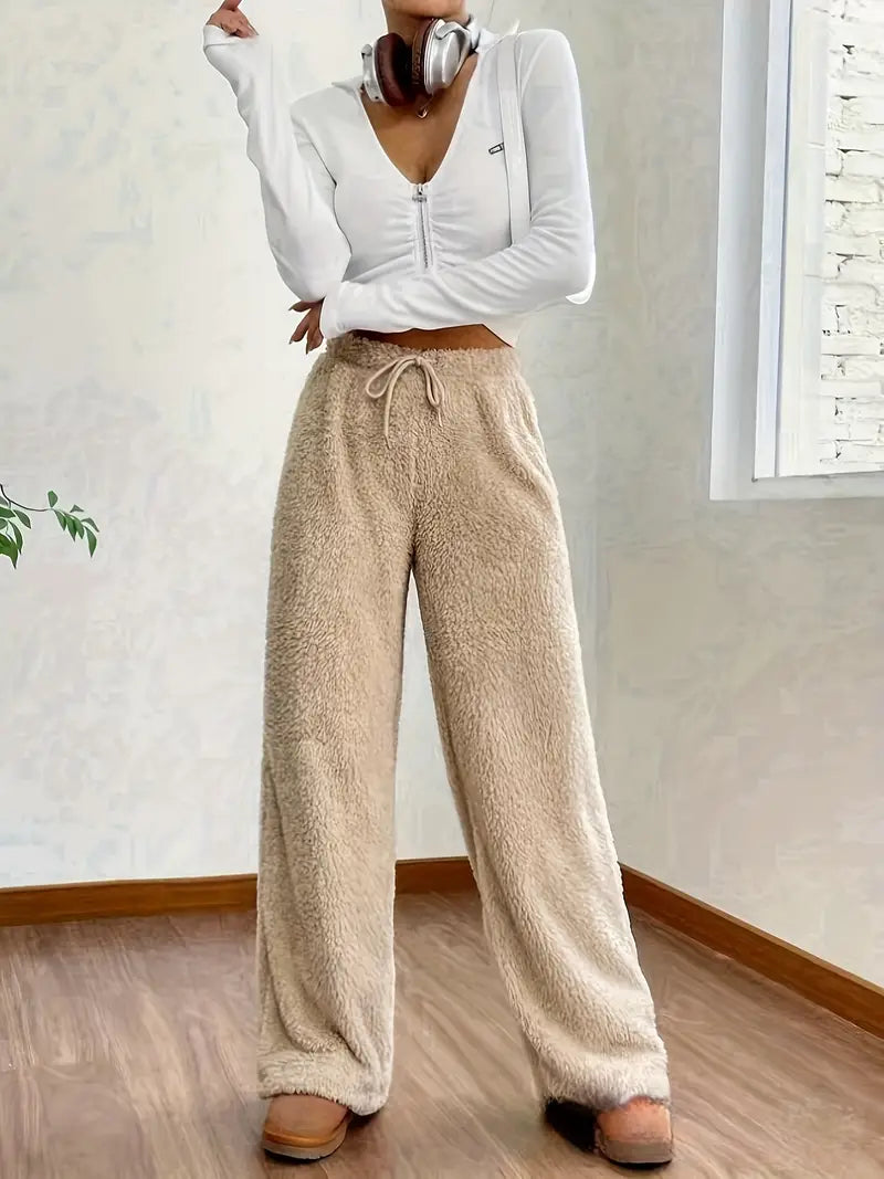 Fleece wide-leg trousers - cozy ladies loungewear bottoms