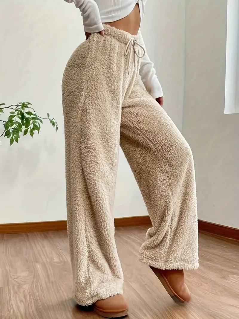 Fleece wide-leg trousers - cozy ladies loungewear bottoms