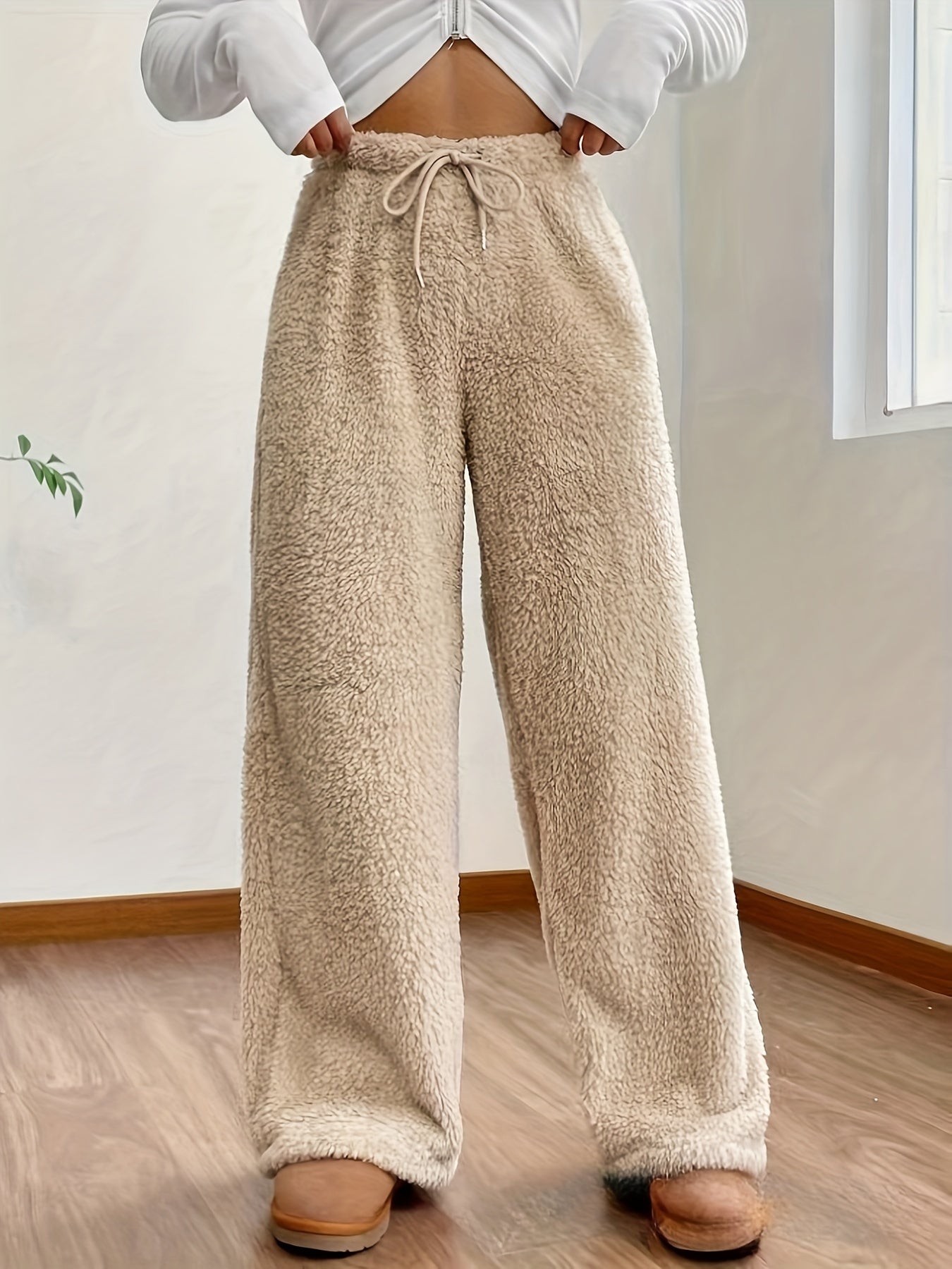 Fleece wide-leg trousers - cozy ladies loungewear bottoms