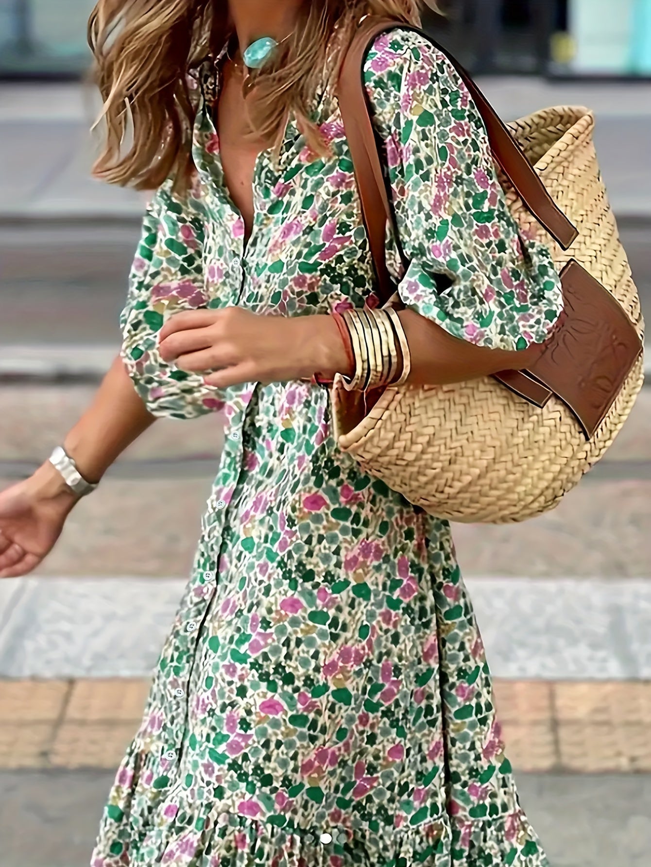 Floral Belted Dress - Elegant Green Midi Dress For Women