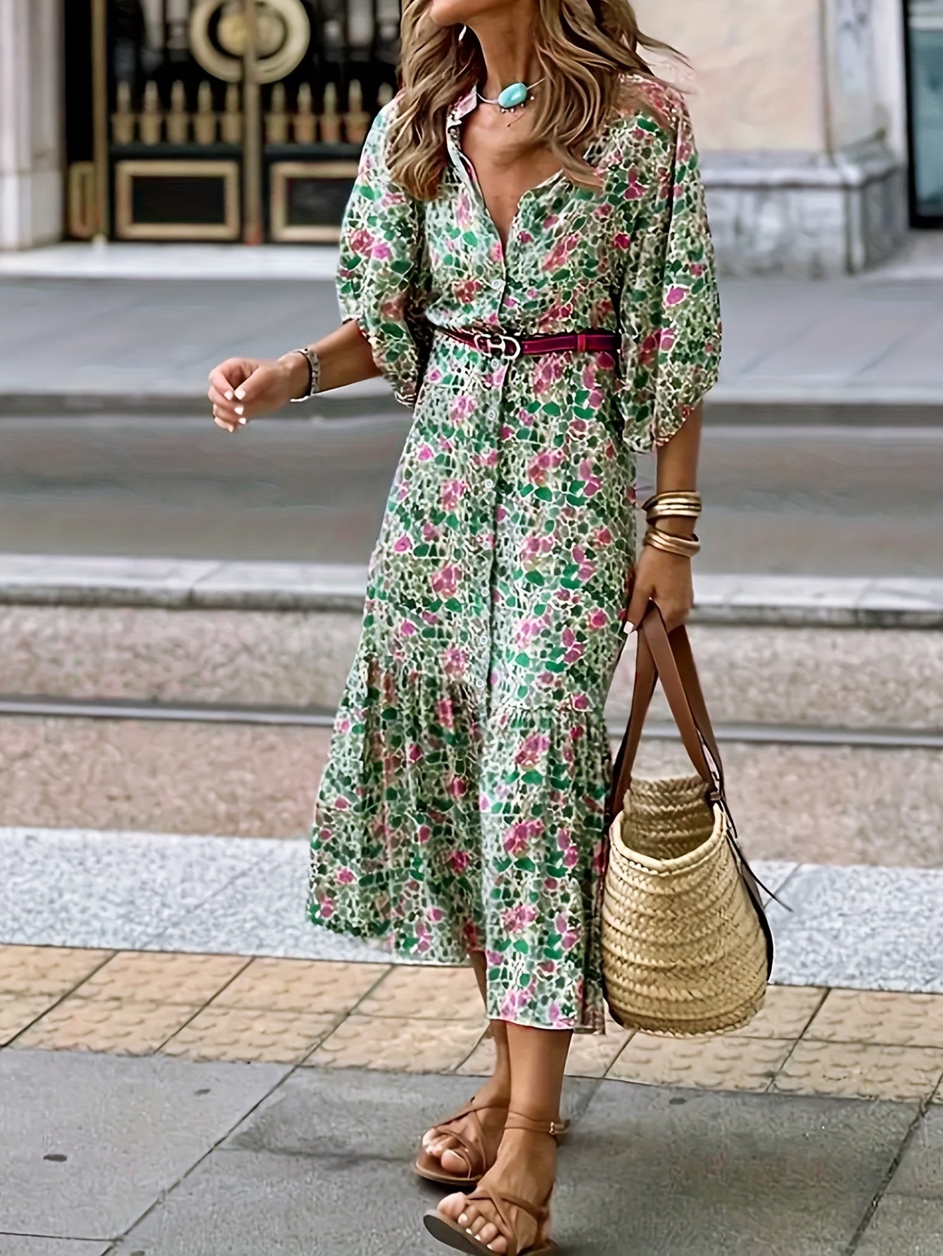 Floral Belted Dress - Elegant Green Midi Dress For Women