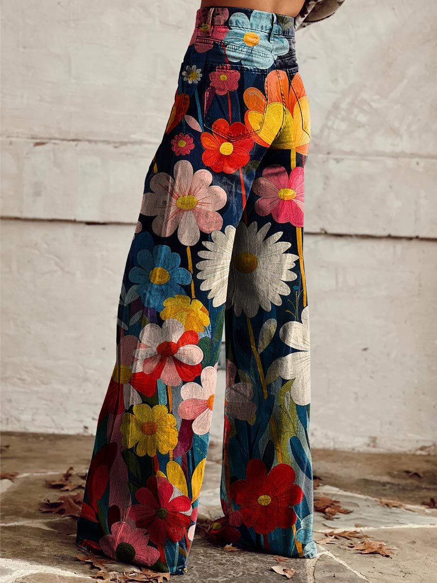 Floral Wide-Leg Trousers - Vibrant Black Ladies Jeans