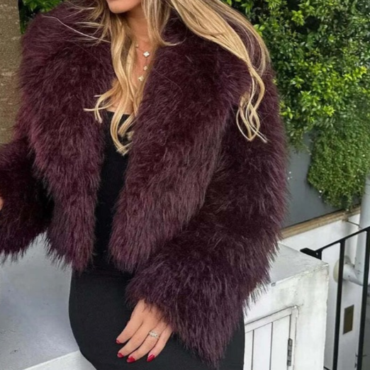 Fur jacket - elegant rot ladies coat with v-neck