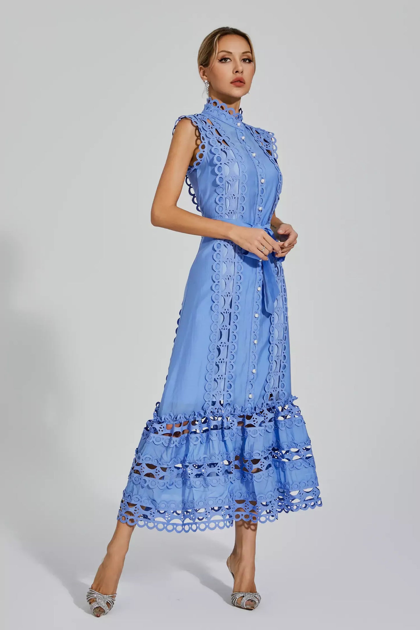 Graceful Midi Dress - Light Blue Women'S Dress With Delicate Lace Accents