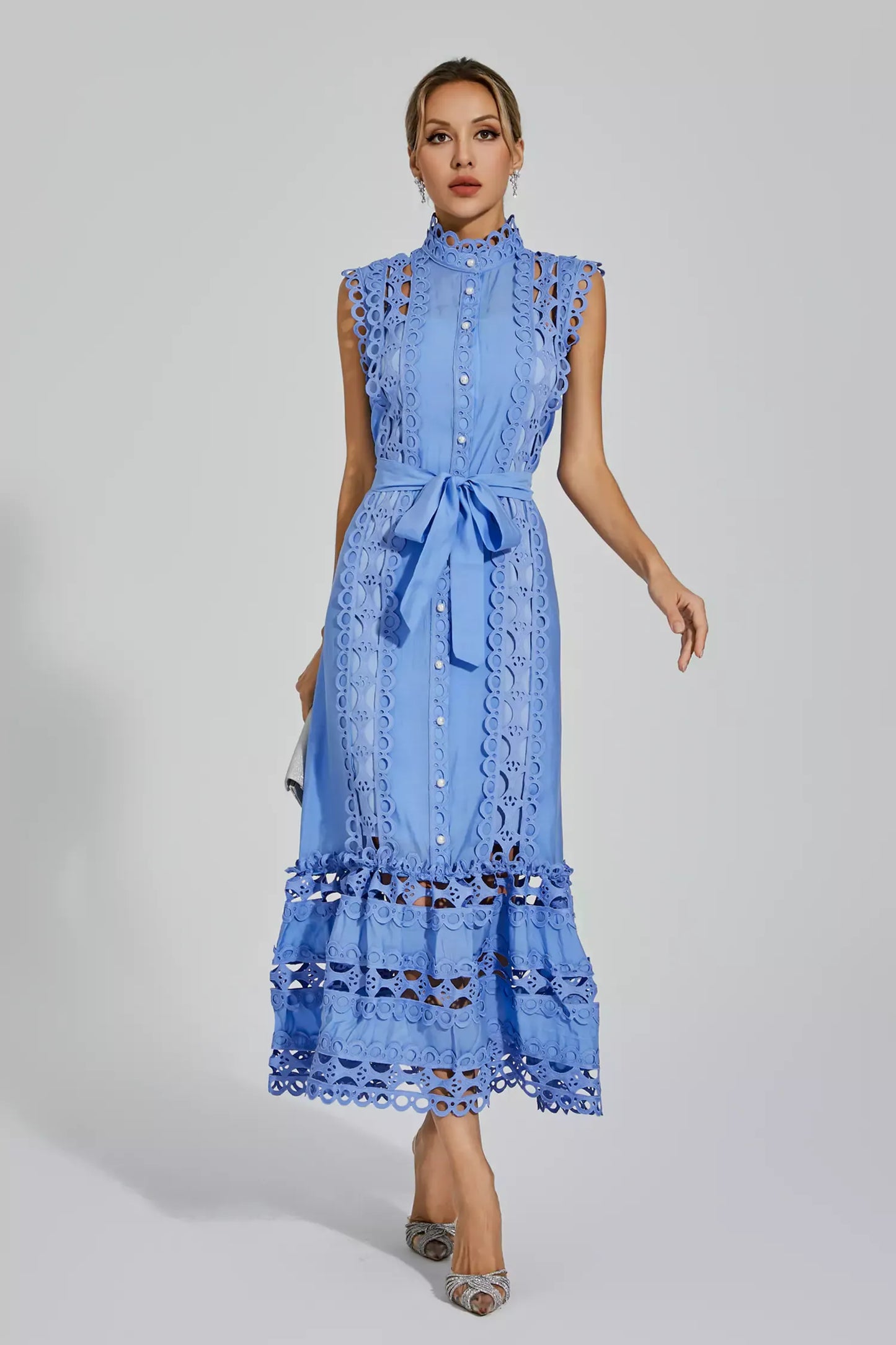 Graceful Midi Dress - Light Blue Women'S Dress With Delicate Lace Accents