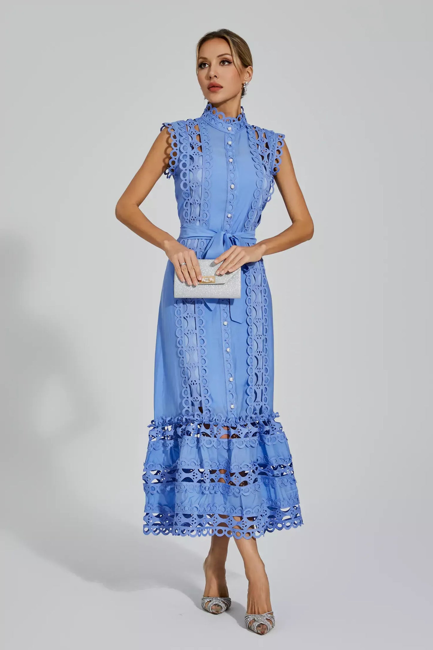 Graceful Midi Dress - Light Blue Women'S Dress With Delicate Lace Accents