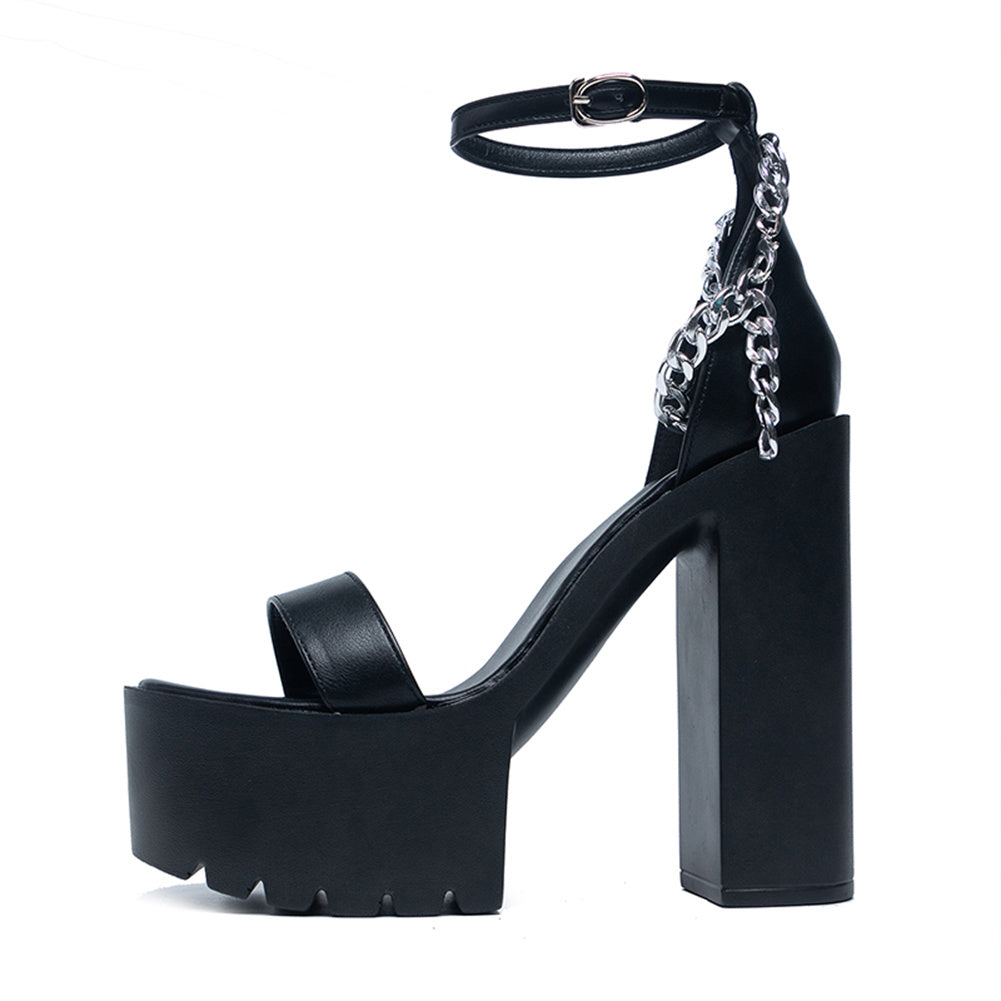 High-Heeled Sandals - Fashionable Platform Ladies Shoes With Ankle Chain Detail
