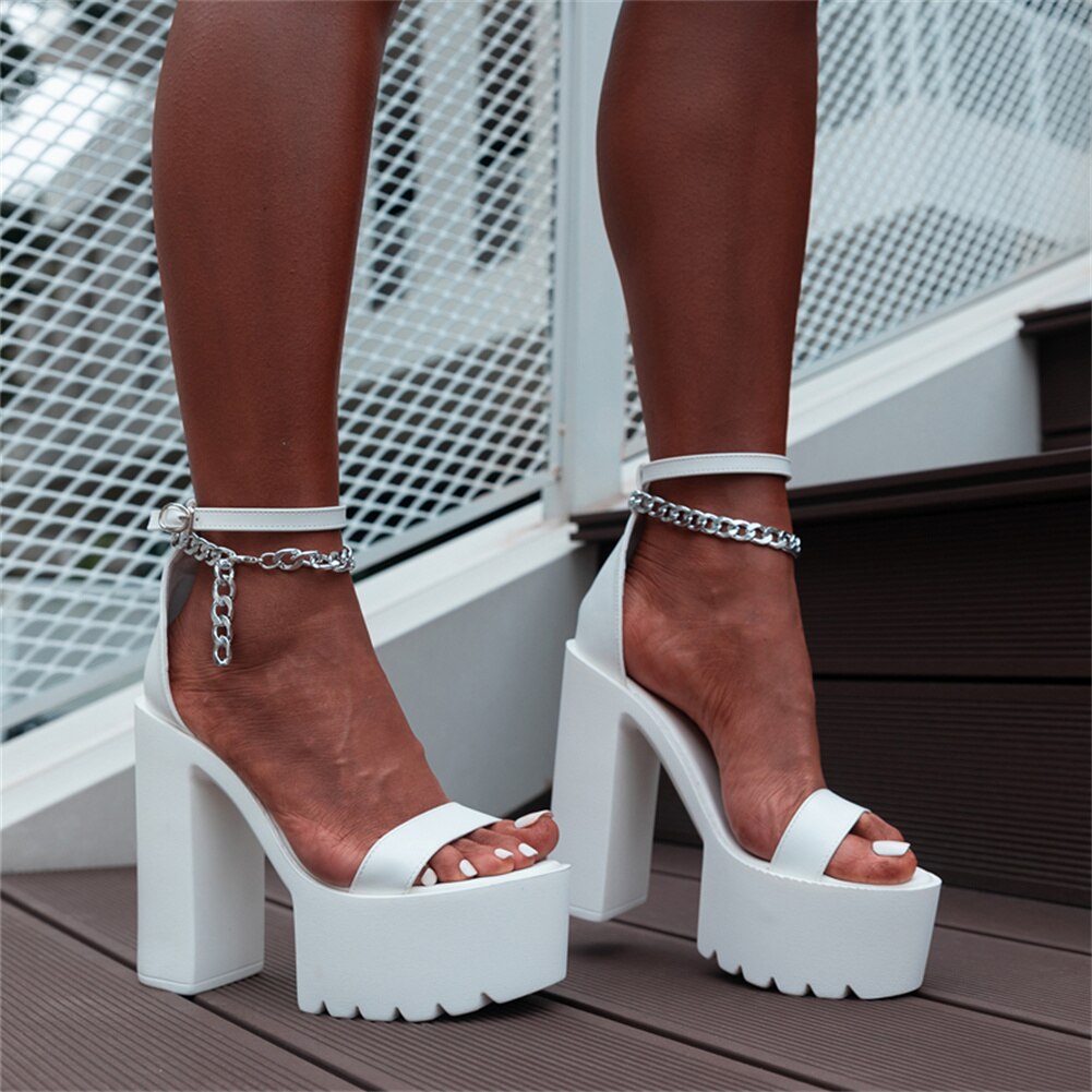 High-Heeled Sandals - Fashionable Platform Ladies Shoes With Ankle Chain Detail
