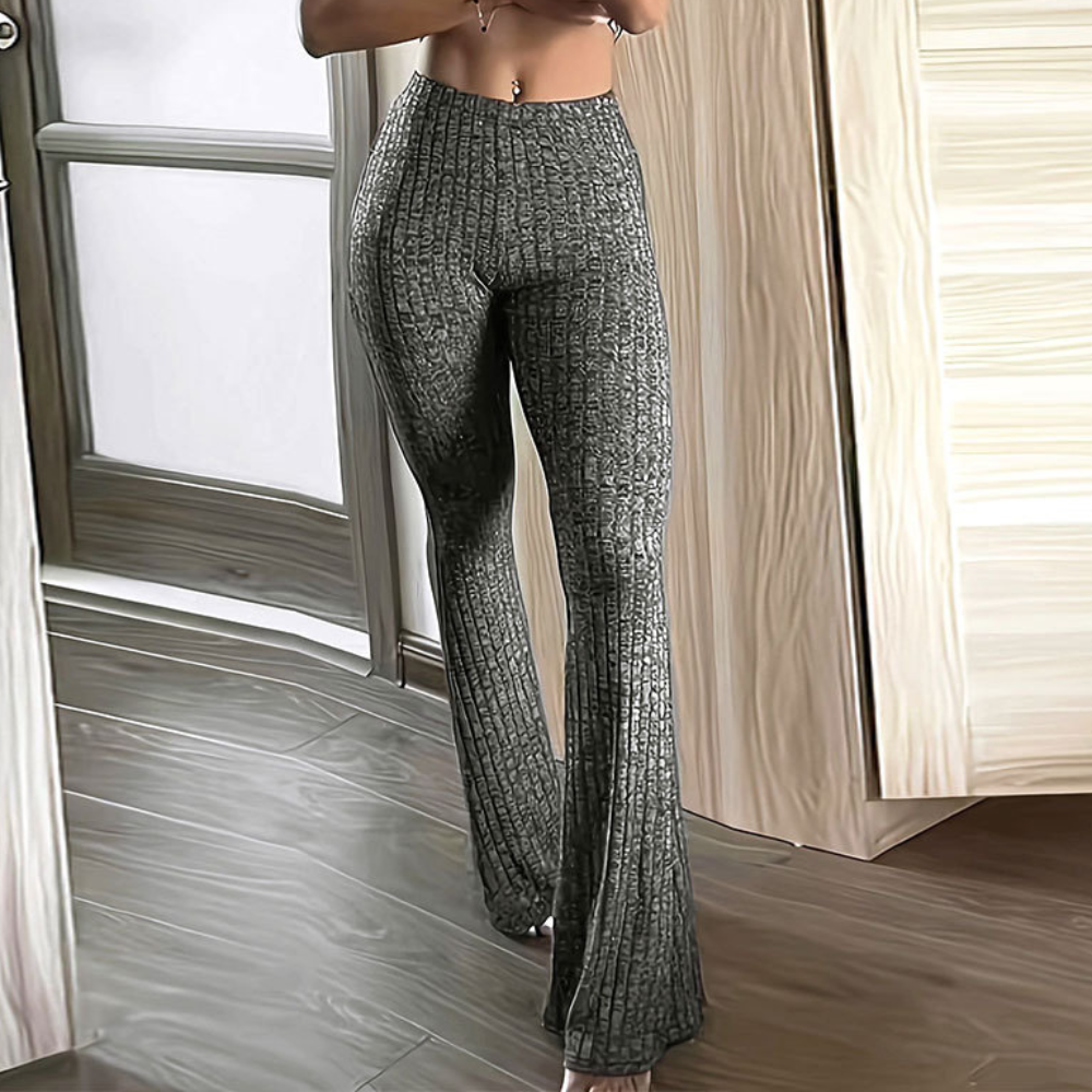 High-Waisted Flared Trousers - Trendy Grey Ladies Leggings