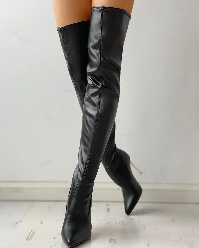 Knee High Boots - Black Zip-Up Ladies Leather Fashion Footwear