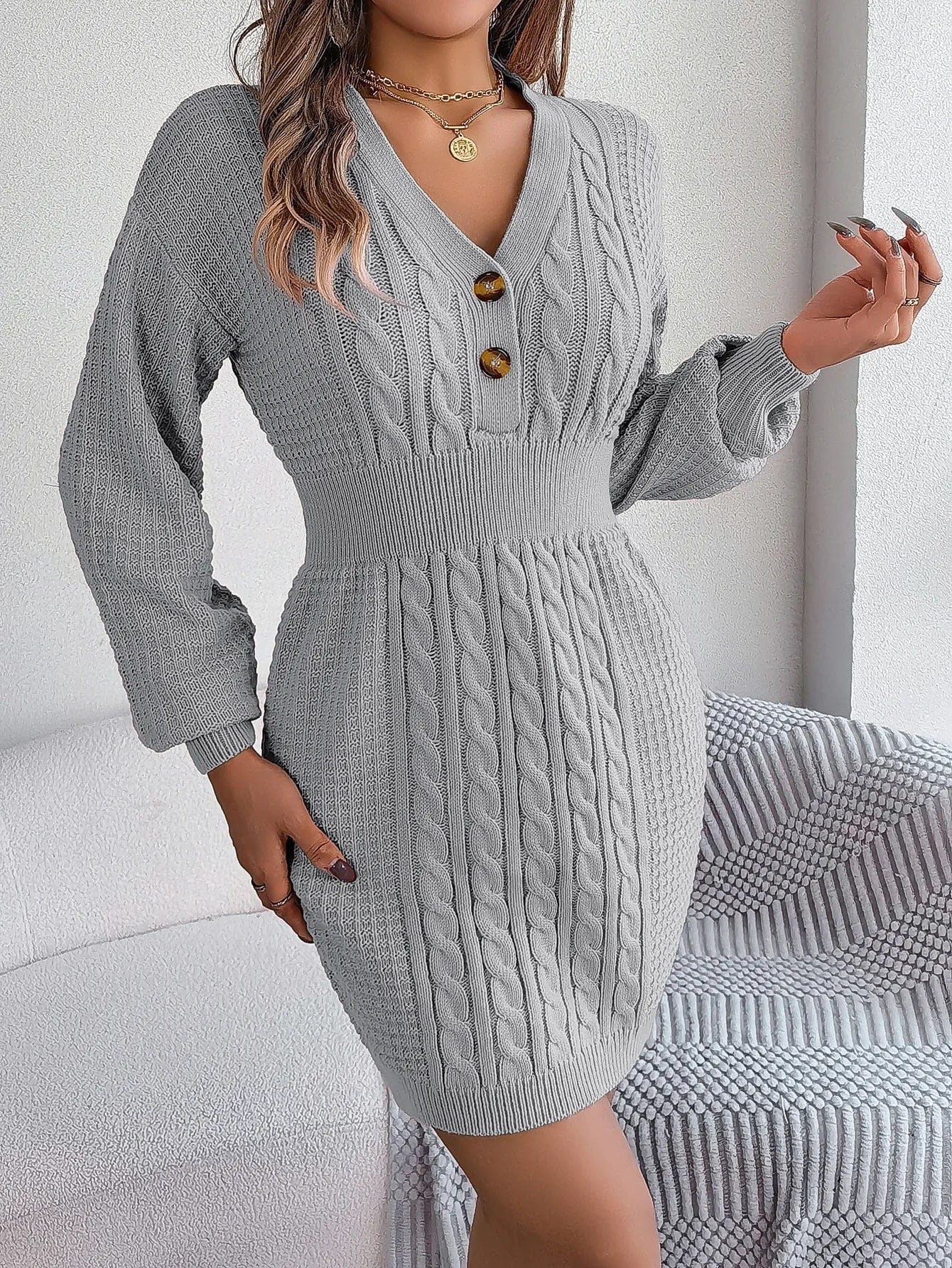 Knitted dress - stylish ladies long sleeve button detail dress