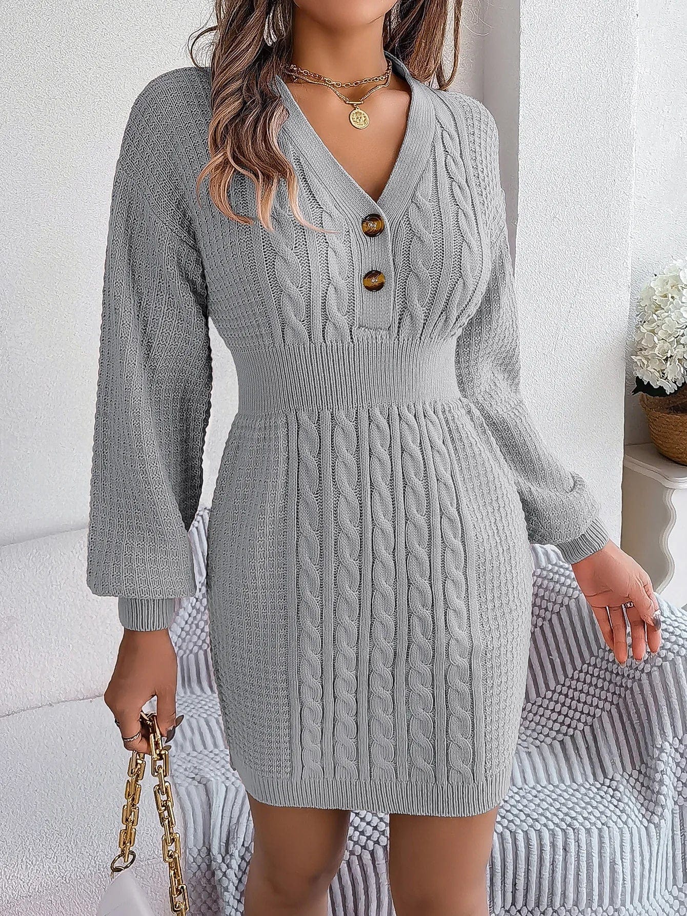Knitted dress - stylish ladies long sleeve button detail dress