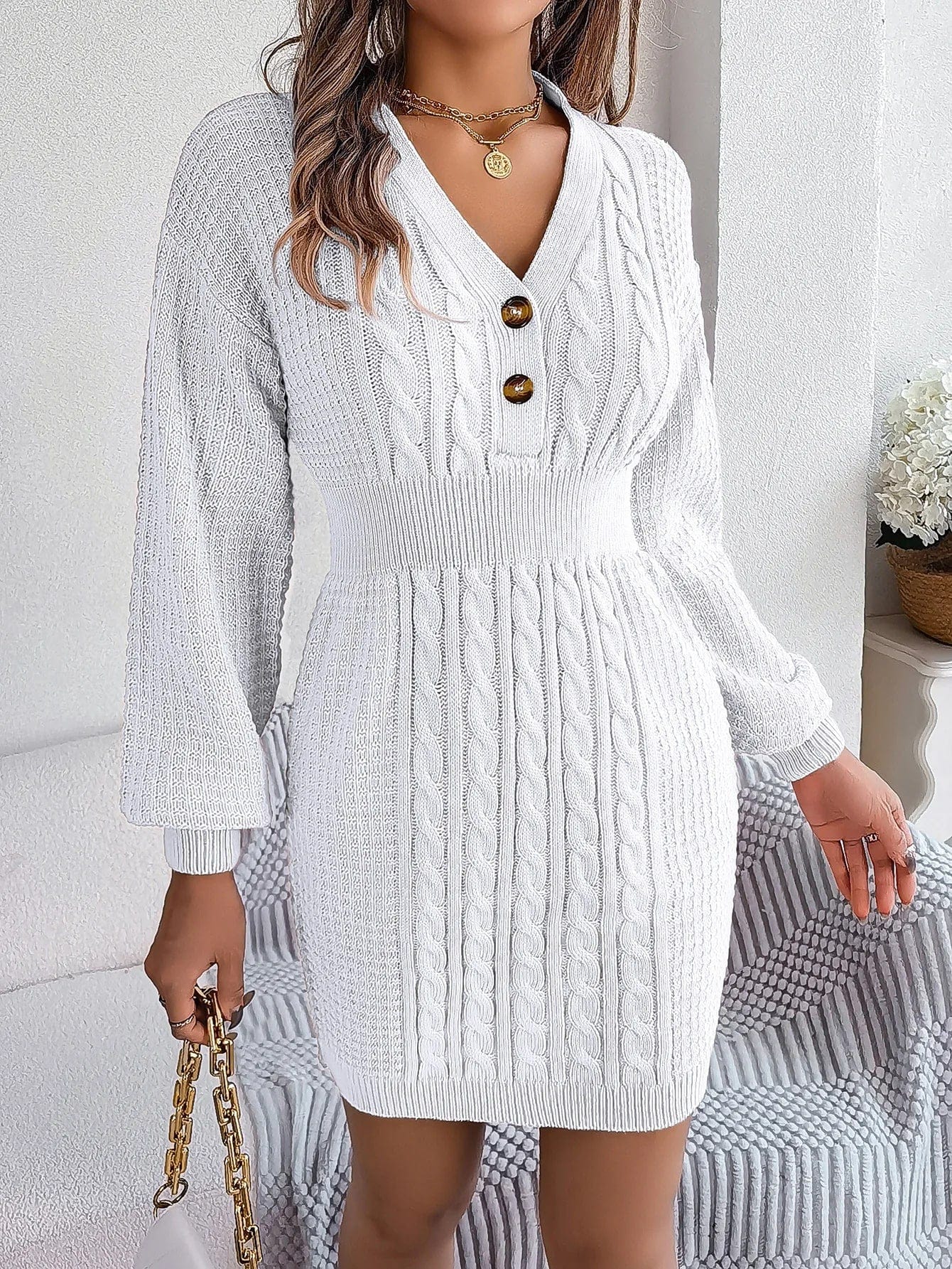 Knitted dress - stylish ladies long sleeve button detail dress