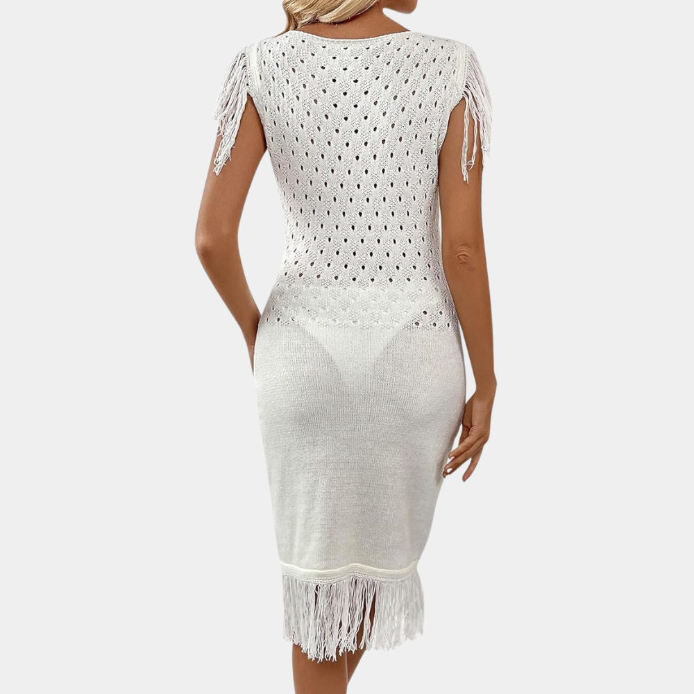 Knitted Dress - White Ladies Summer Dress With Fringe Embellishments