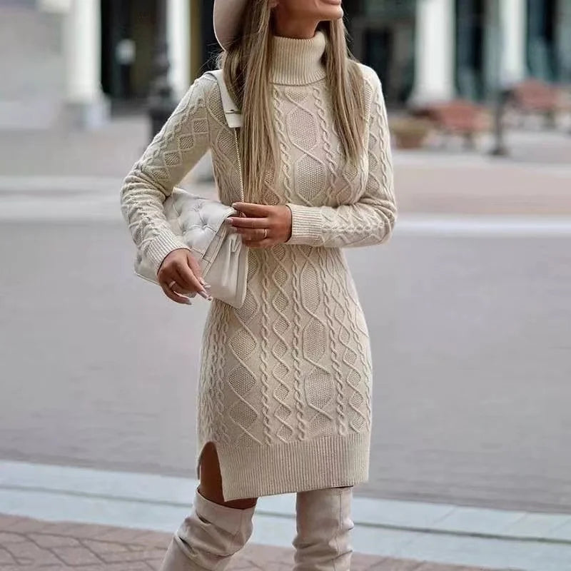 Knitted dress with high neckline - stylish ladies sweater dress