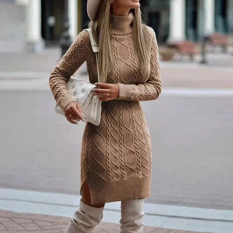 Knitted dress with high neckline - stylish ladies sweater dress