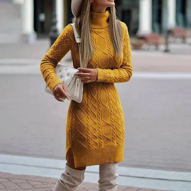 Knitted dress with high neckline - stylish ladies sweater dress