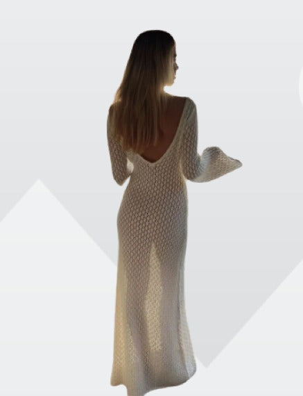 Knitted maxi dress - elegant long ladies dress with v-neck
