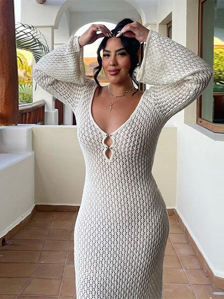 Knitted maxi dress - elegant long ladies dress with v-neck