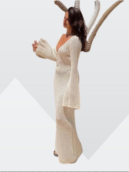 Knitted maxi dress - elegant long ladies dress with v-neck