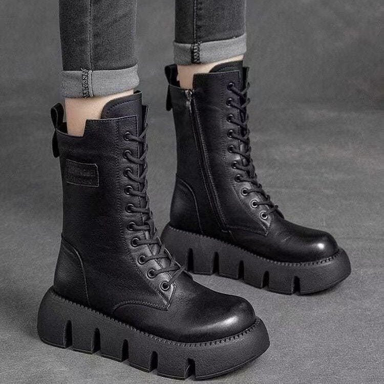 Lace-up combat boots - chunky sole ladies footwear