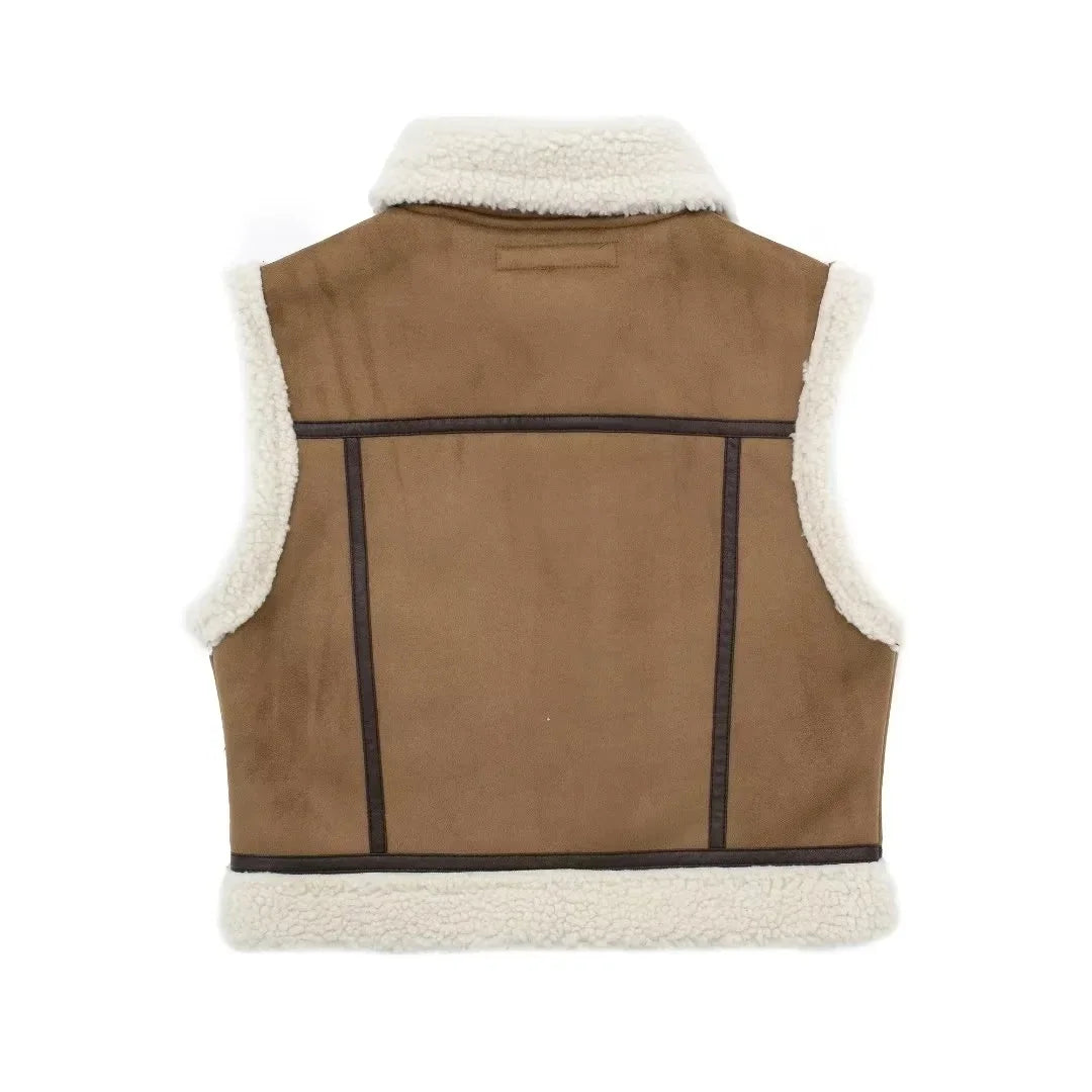 Ladies Brown Shearling-Lined Vest - Chic Faux Leather Layering Piece