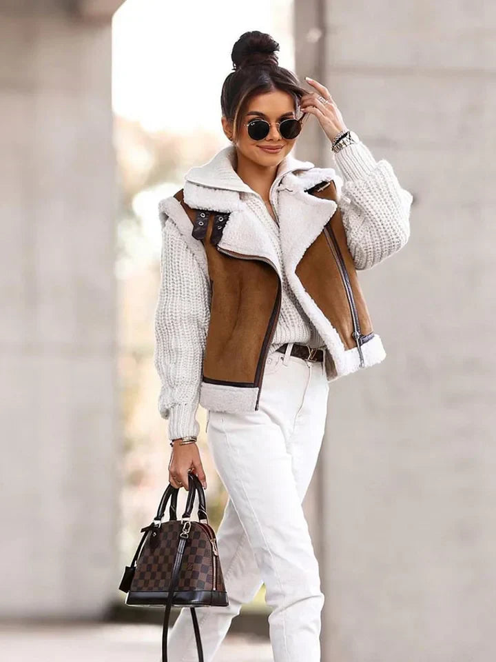 Ladies Brown Shearling-Lined Vest - Chic Faux Leather Layering Piece