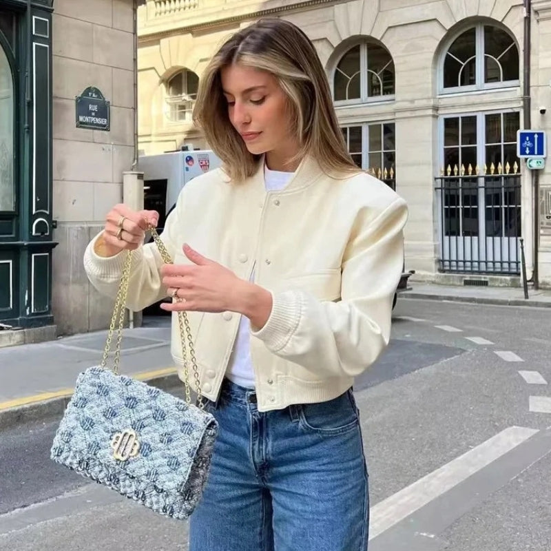 Ladies cropped bomber jacket - stylish button-up outerwear
