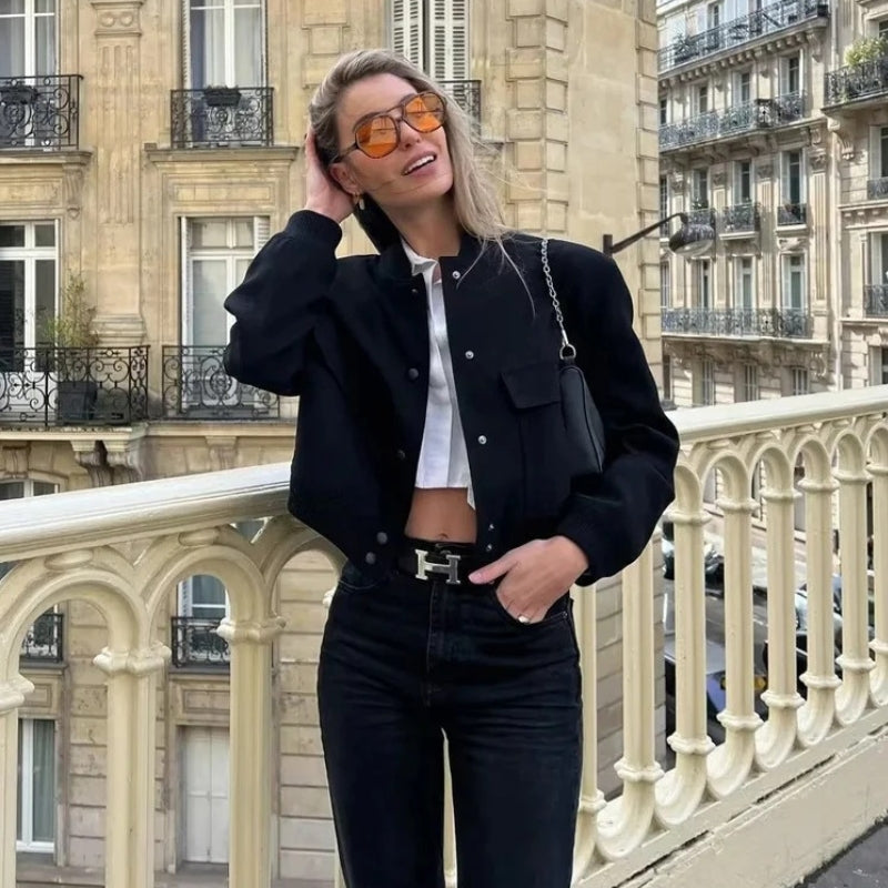 Ladies cropped bomber jacket - stylish button-up outerwear