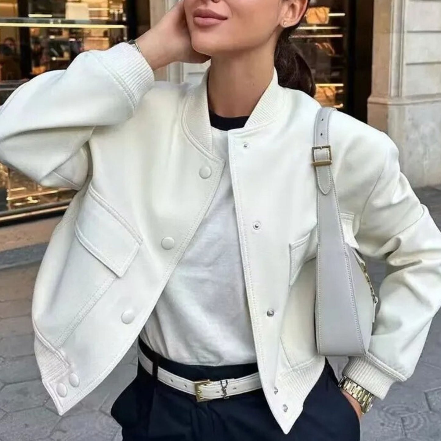 Ladies cropped bomber jacket - stylish button-up outerwear