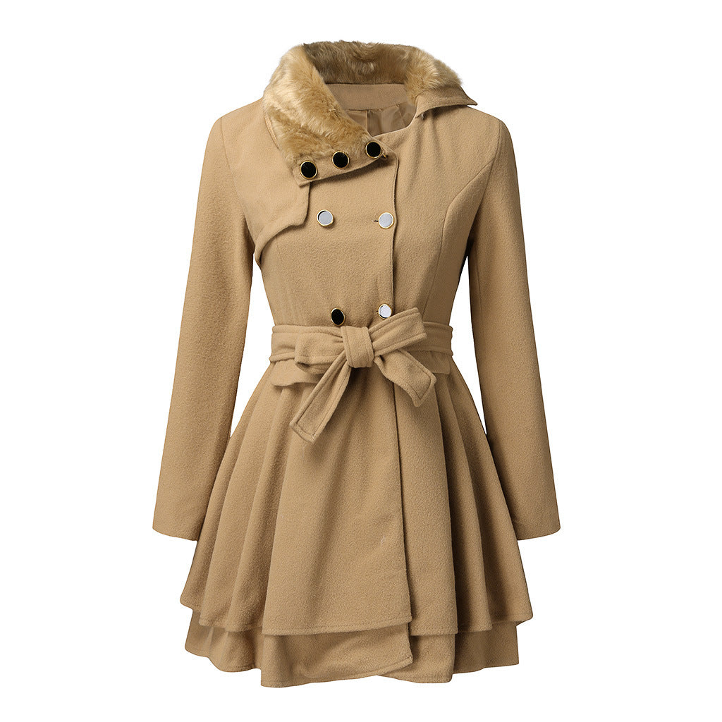 Ladies' Double-Breasted Coat - Stylish Warm Coat With Faux Fur Collar