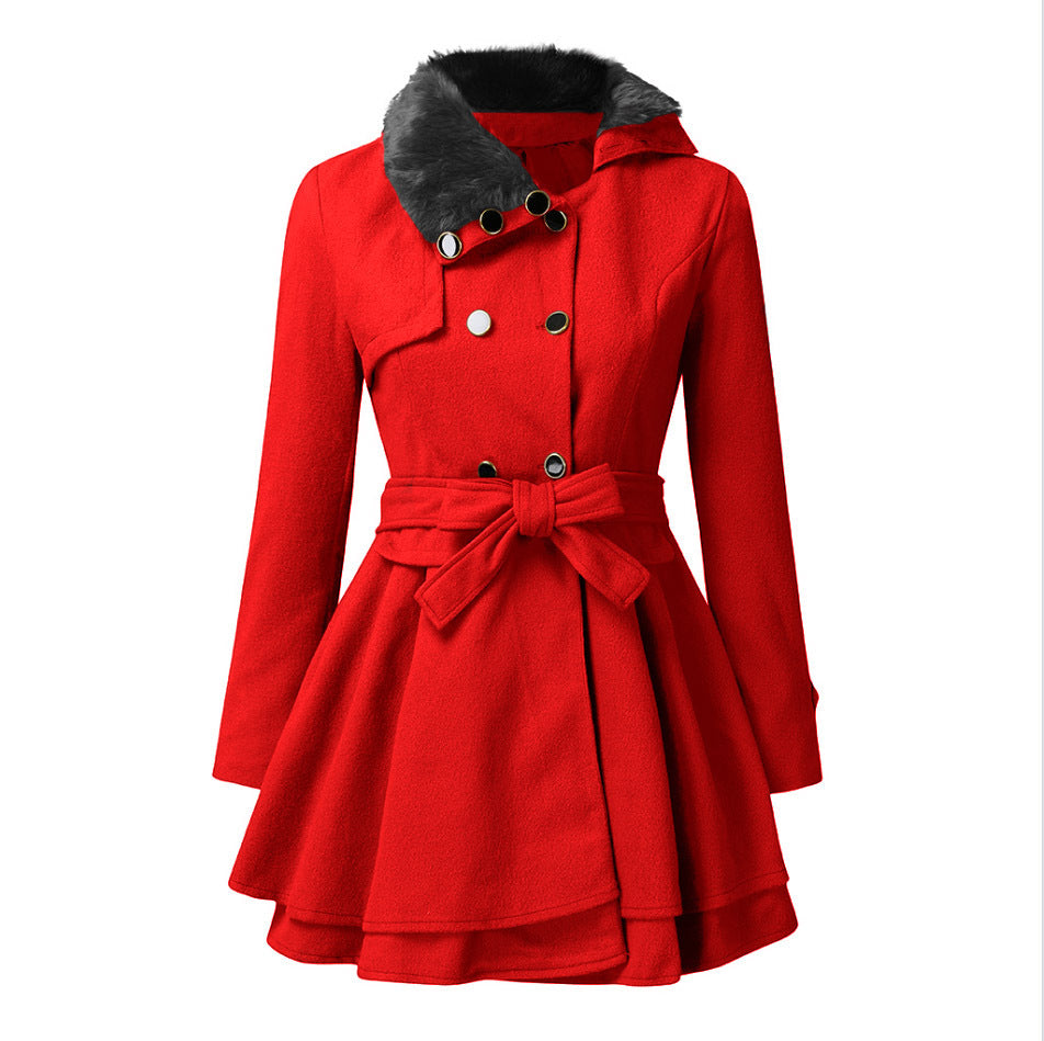Ladies' Double-Breasted Coat - Stylish Warm Coat With Faux Fur Collar