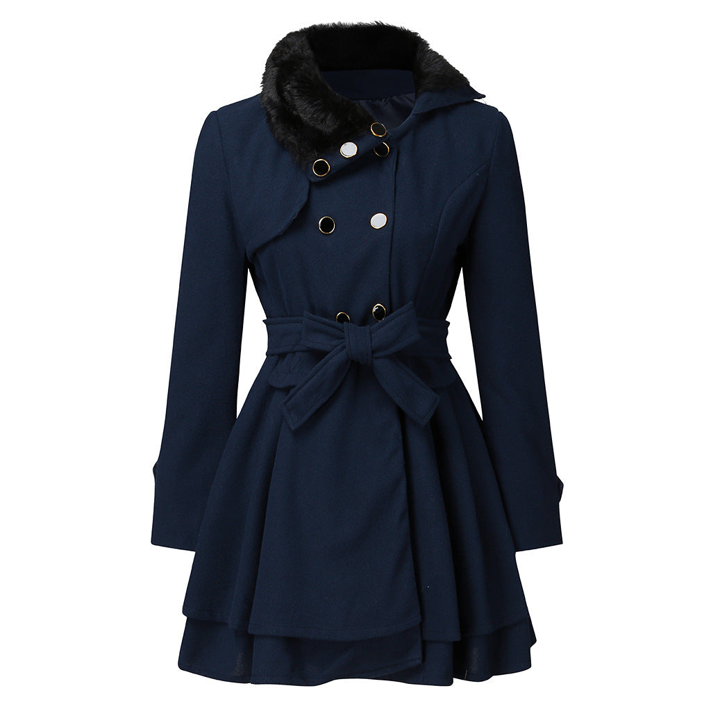 Ladies' Double-Breasted Coat - Stylish Warm Coat With Faux Fur Collar