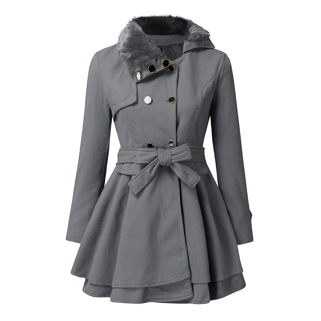 Ladies' Double-Breasted Coat - Stylish Warm Coat With Faux Fur Collar