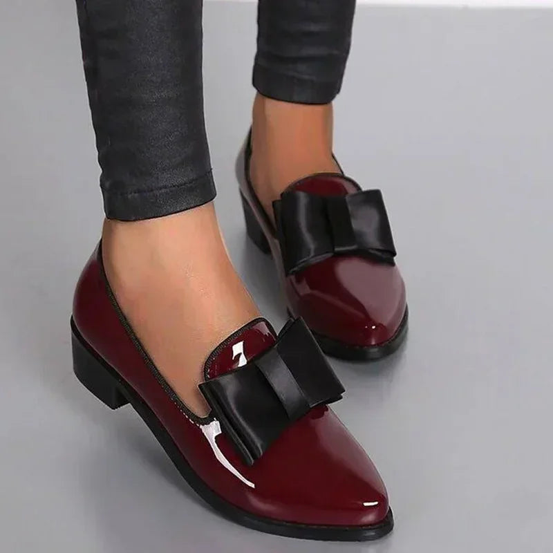Ladies Loafers - Chic Patent Leather Shoes With Bow Detail
