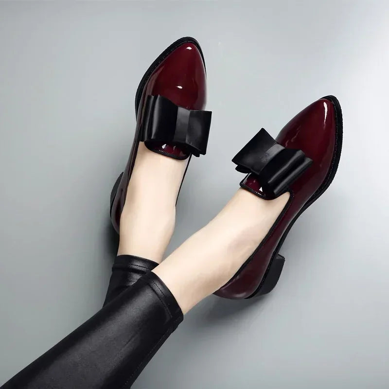Ladies Loafers - Chic Patent Leather Shoes With Bow Detail
