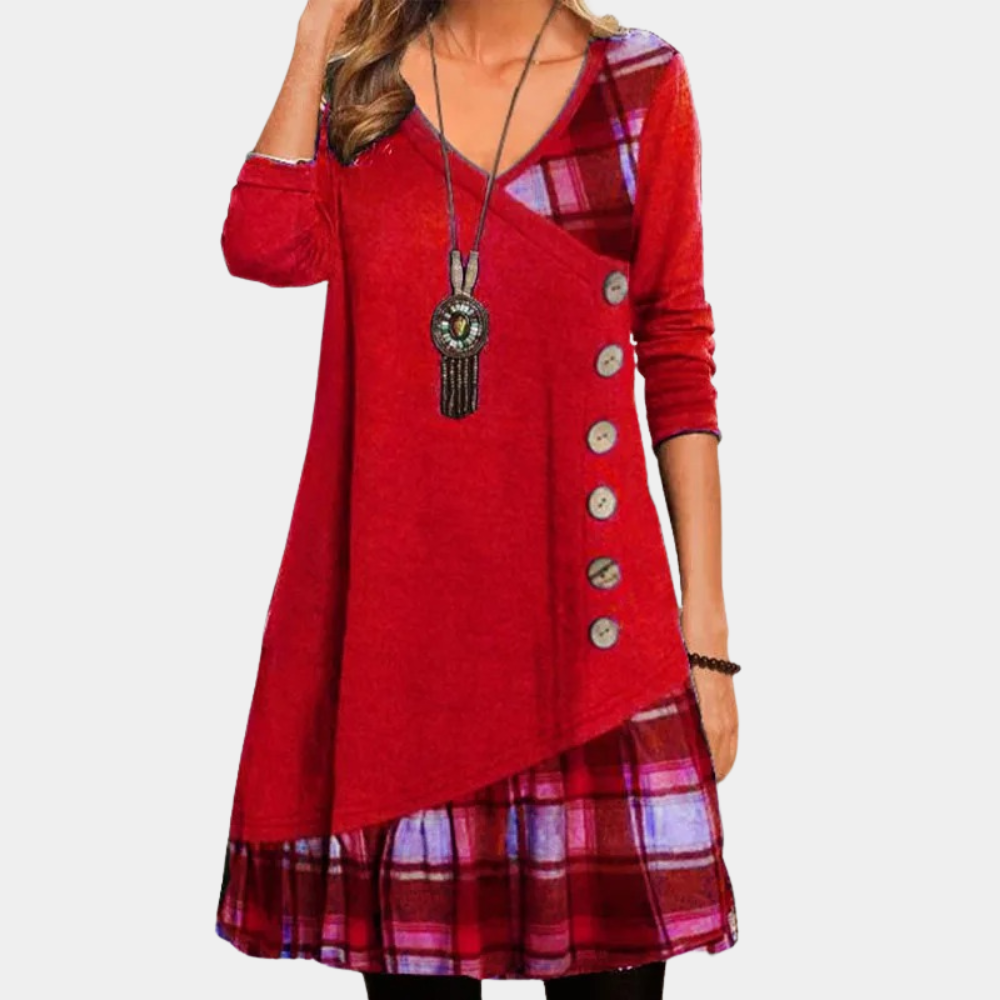 Ladies Midi Dress - Stylish Checked Asymmetrical Tunic