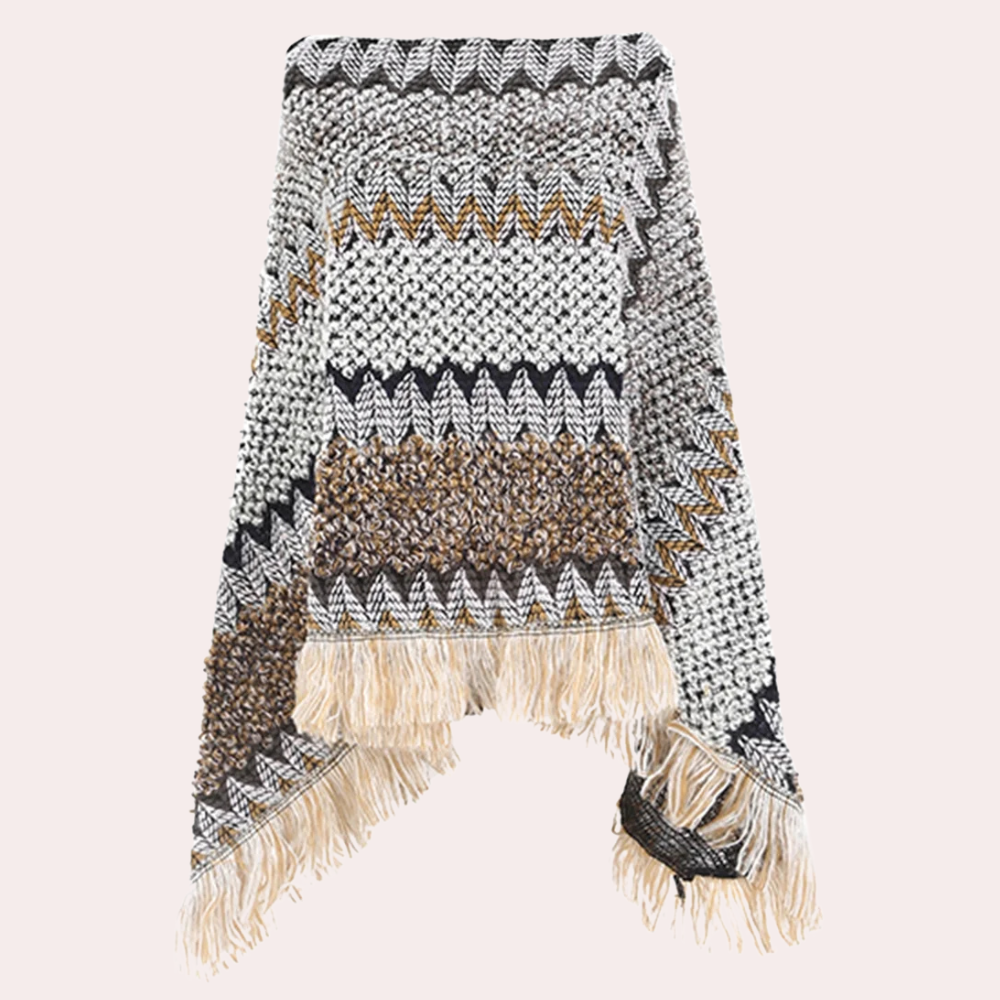 Ladies Poncho - Stylish Knitted Shawl With Fringe