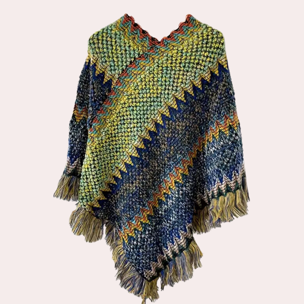 Ladies Poncho - Stylish Knitted Shawl With Fringe