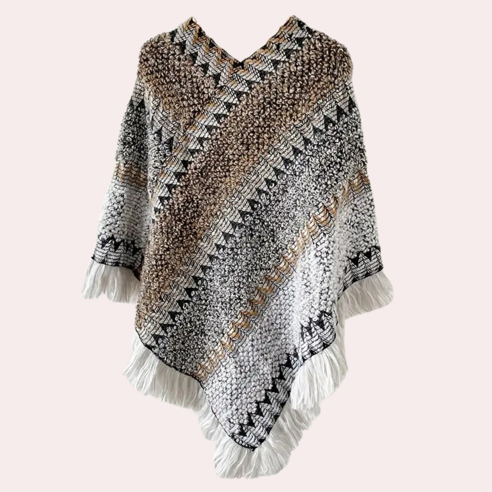 Ladies Poncho - Stylish Knitted Shawl With Fringe
