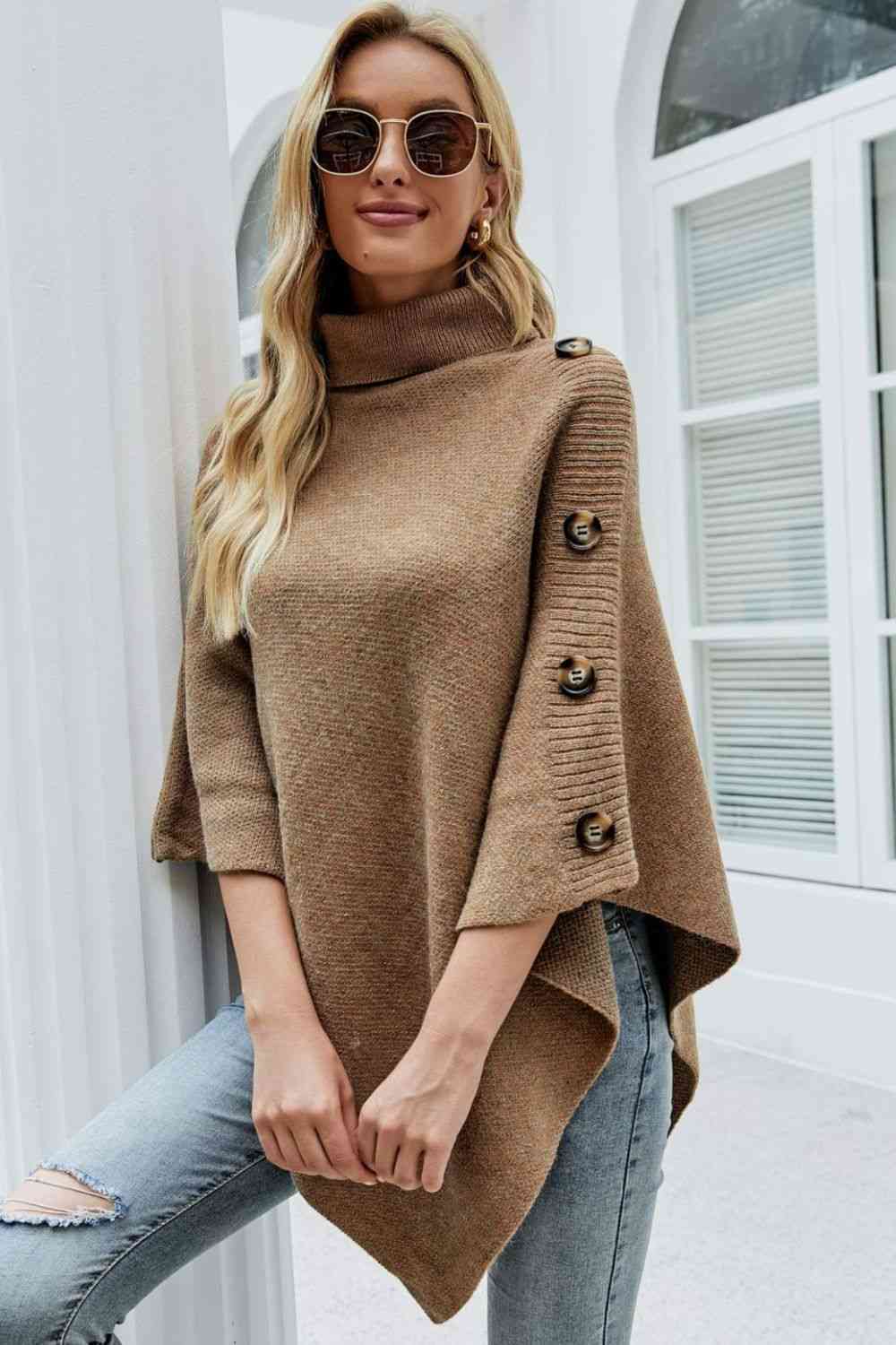 Ladies Poncho Sweater - Stylish Knit With High Collar
