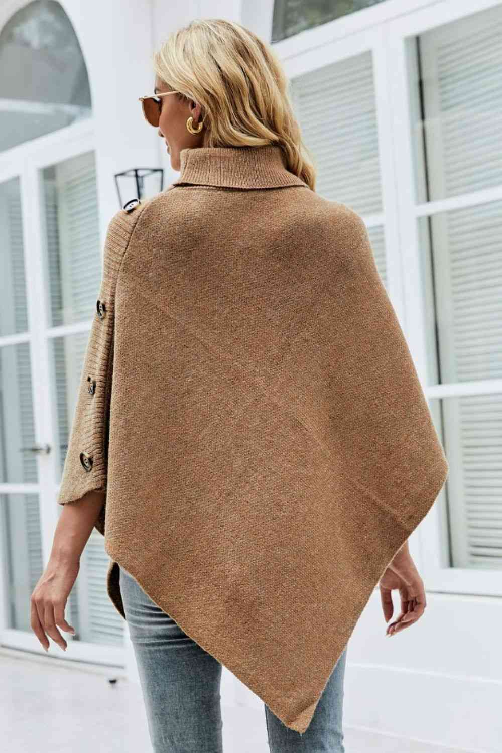 Ladies Poncho Sweater - Stylish Knit With High Collar