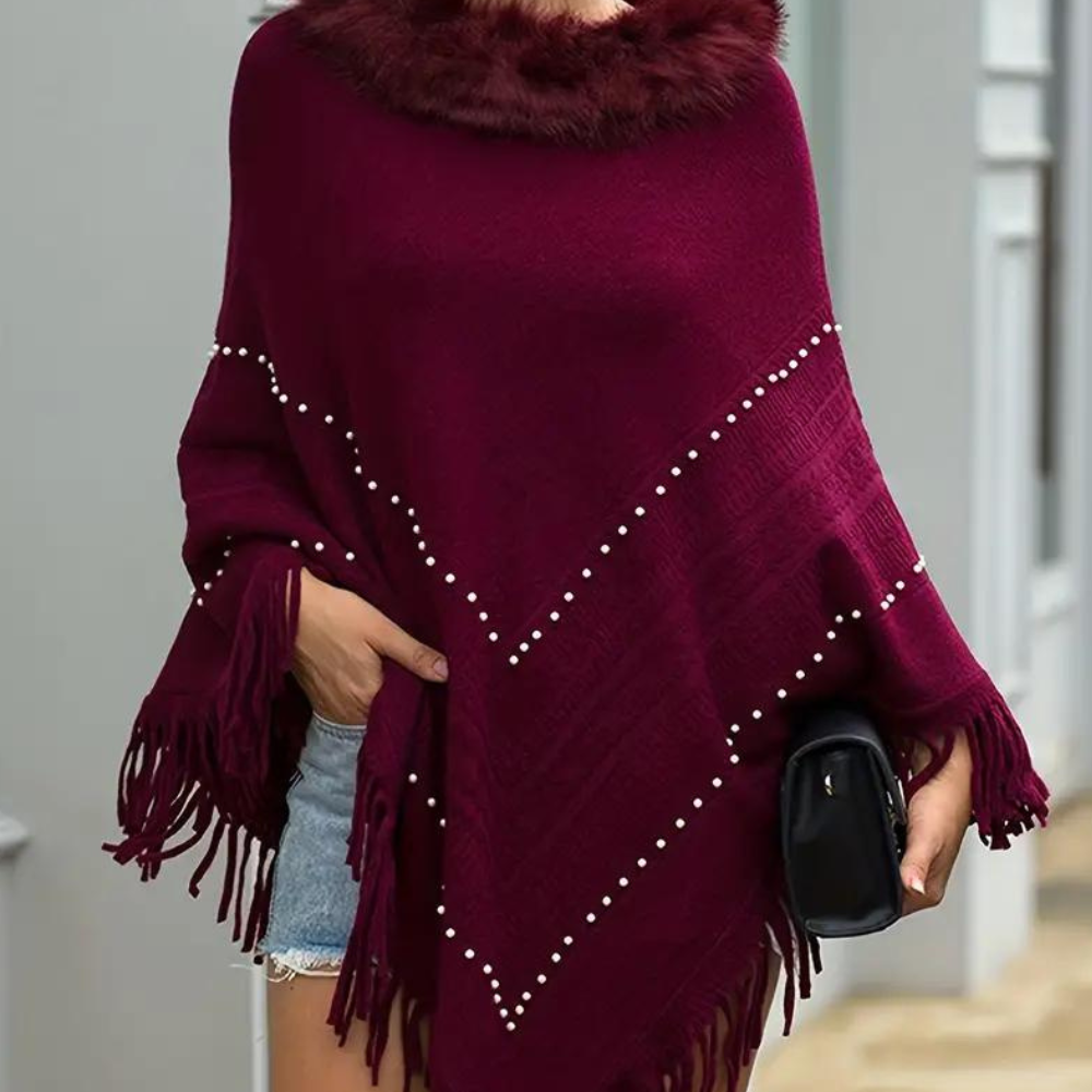 Ladies Red Knit Poncho - Elegant With Detailed Features