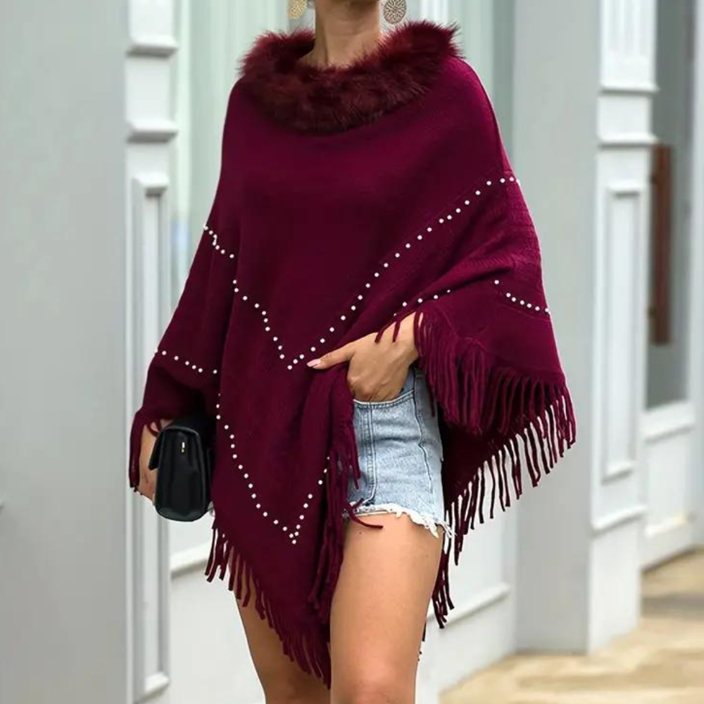 Ladies Red Knit Poncho - Elegant With Detailed Features