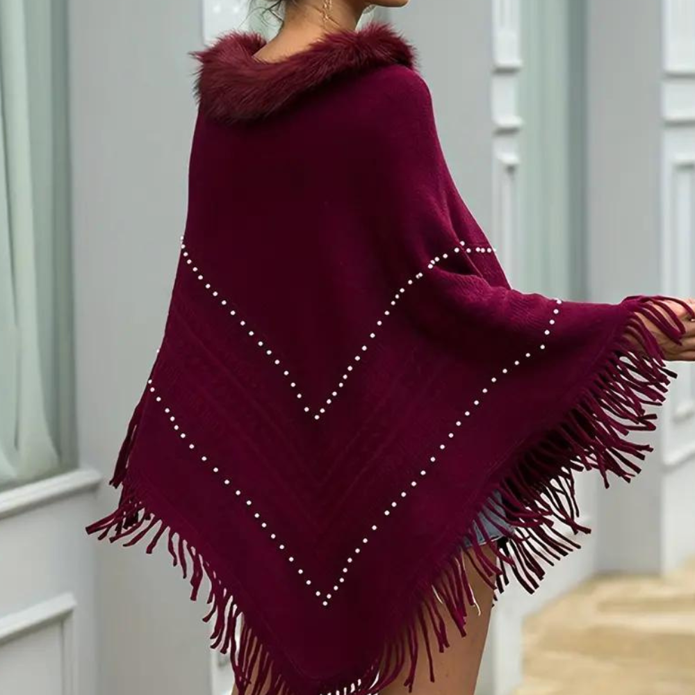 Ladies Red Knit Poncho - Elegant With Detailed Features