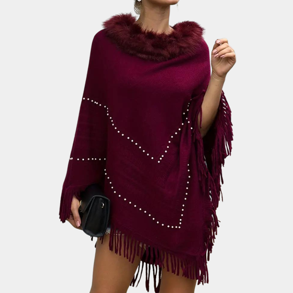 Ladies Red Knit Poncho - Elegant With Detailed Features