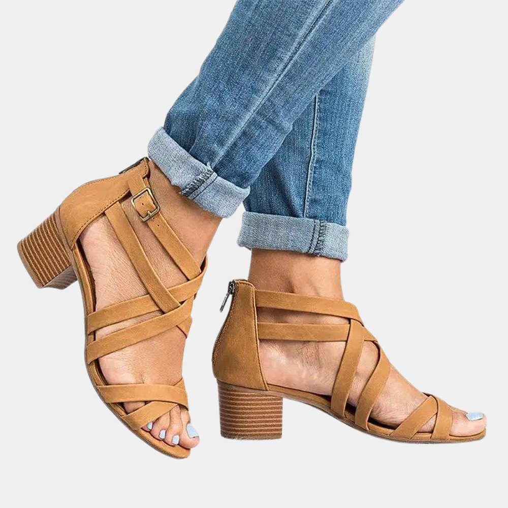 Ladies Strappy Heeled Sandals - Elegant Block Heel Footwear