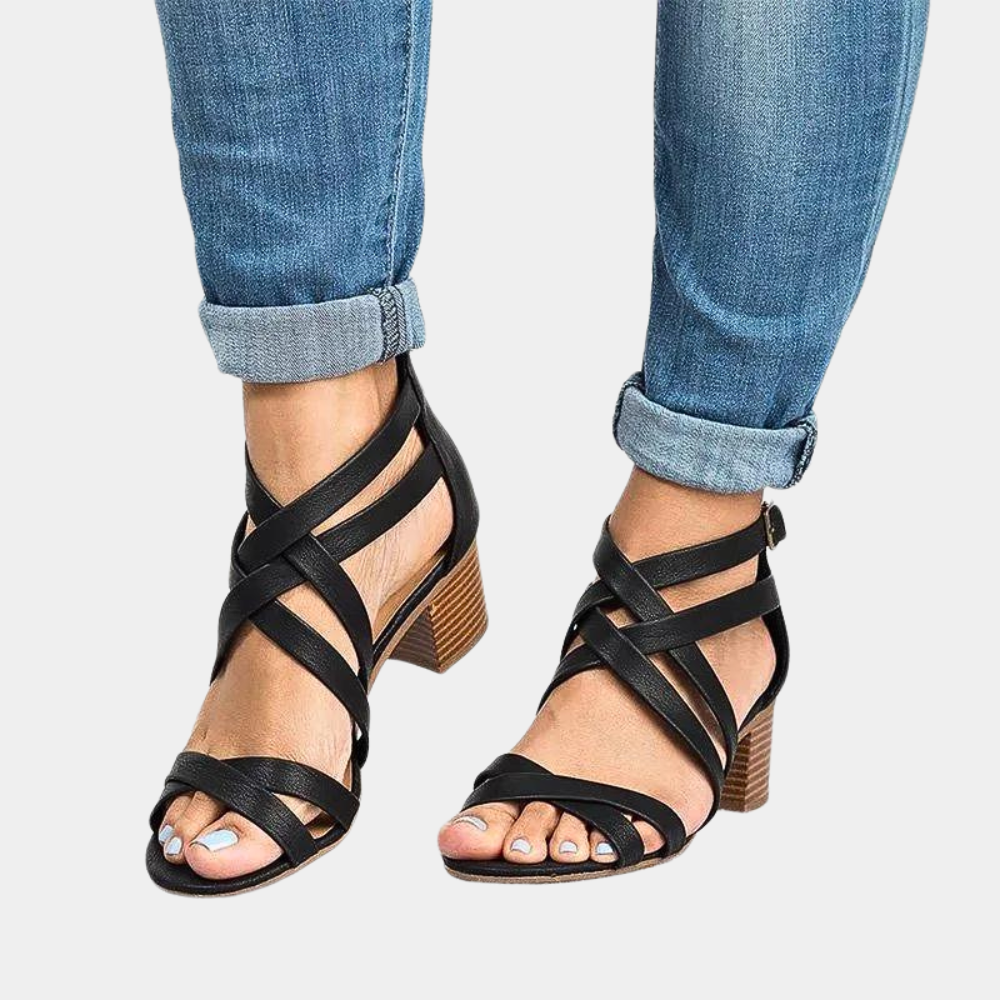 Ladies Strappy Heeled Sandals - Elegant Block Heel Footwear