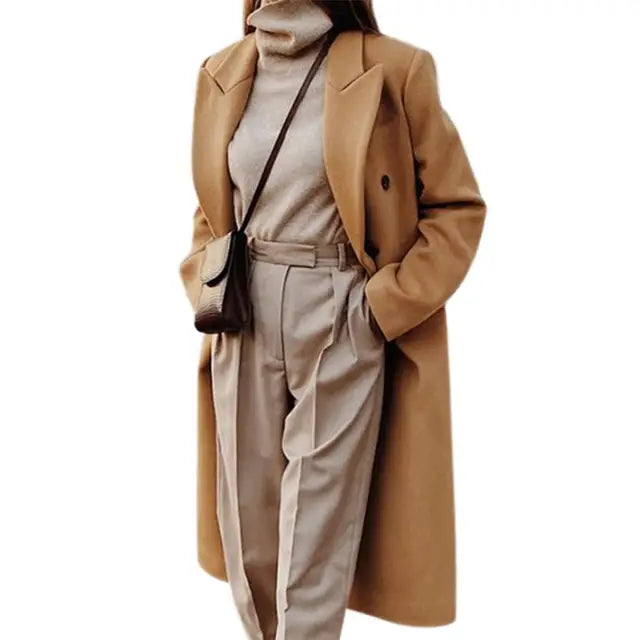 Ladies wool blend coat - elegant double-breasted outerwear