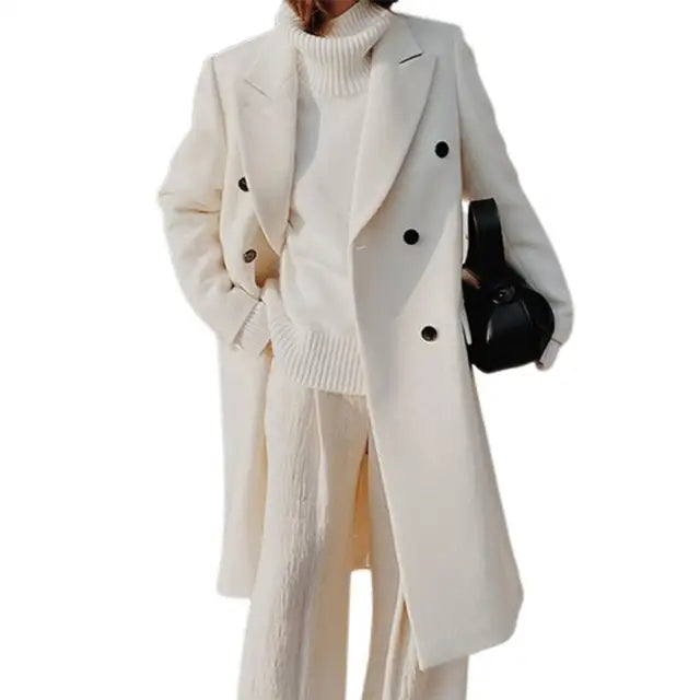 Ladies wool blend coat - elegant double-breasted outerwear